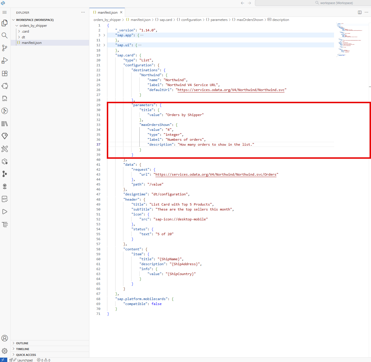Image depicting manifest.json file - add parameters